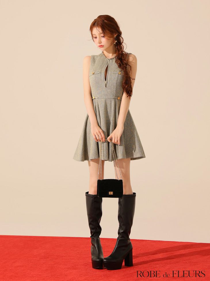 ROBE de FLEURS ローブドフルール 【XS～Lサイズあり】ゴールドボタンラメツイードフレアミニキャバドレス fm4128-c