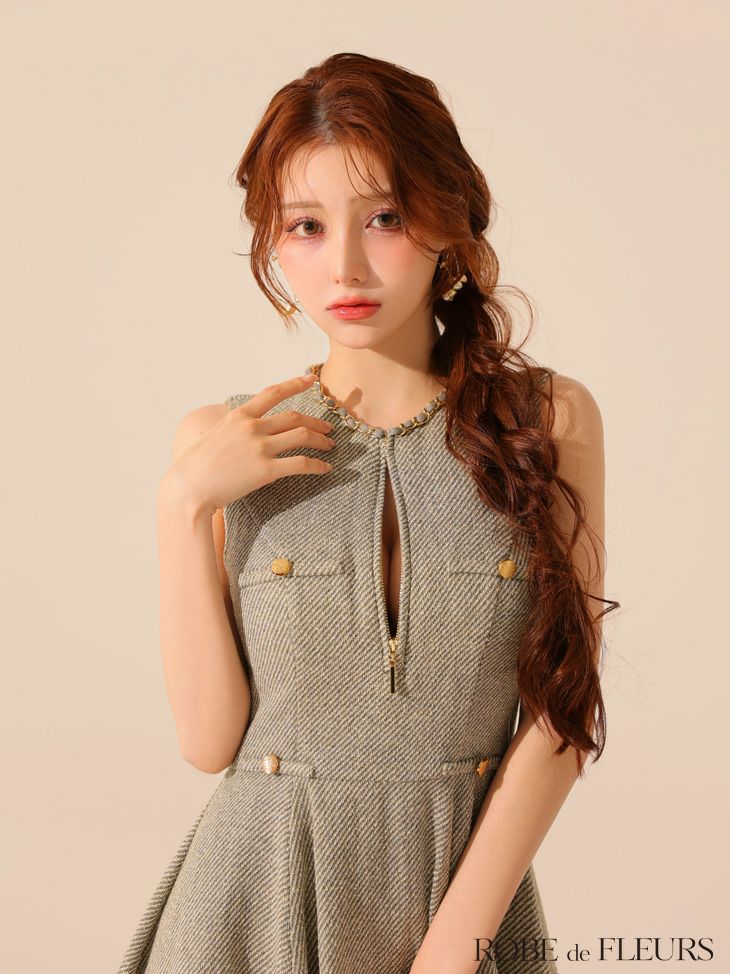 ROBE de FLEURS ローブドフルール 【XS～Lサイズあり】ゴールドボタンラメツイードフレアミニキャバドレス fm4128-c