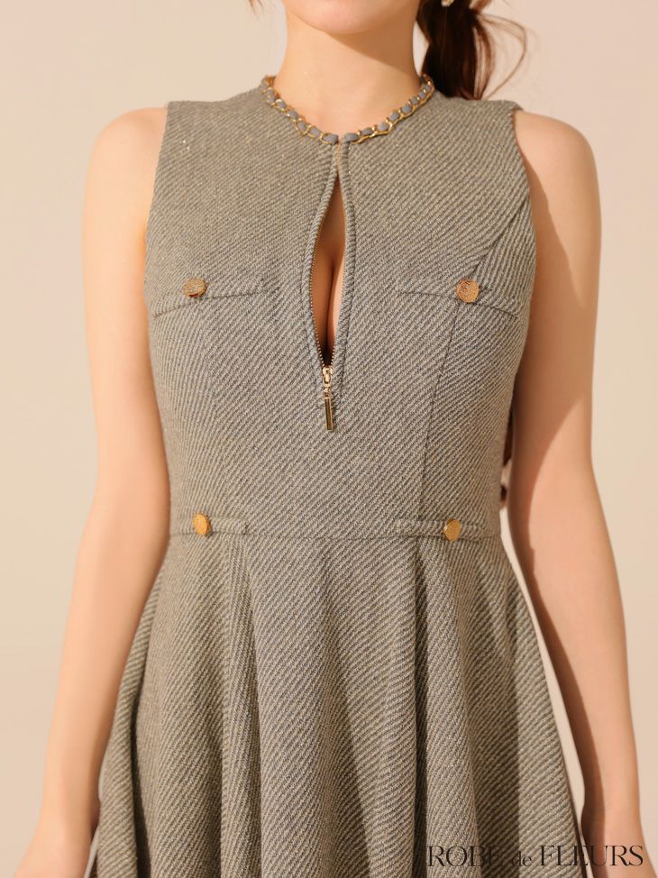 ROBE de FLEURS ローブドフルール 【XS～Lサイズあり】ゴールドボタンラメツイードフレアミニキャバドレス fm4128-c