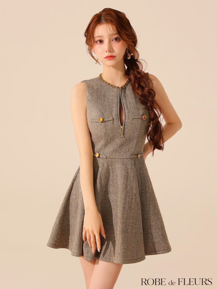 ROBE de FLEURS ローブドフルール ゴールドボタンラメツイードフレアミニキャバドレス fm4128