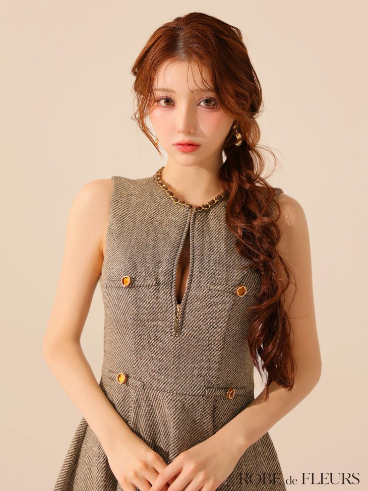 ROBE de FLEURS ローブドフルール ゴールドボタンラメツイードフレアミニキャバドレス fm4128