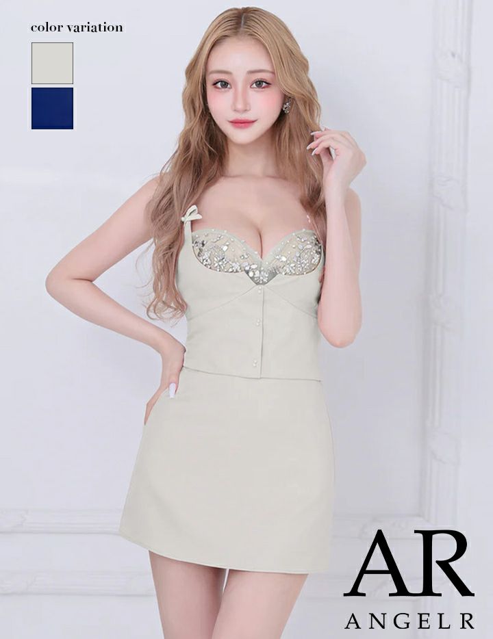 AngelR エンジェルアール リボンボタンメッシュビジューAラインフレアセパレートマイクロミニドレス ar25237-ks