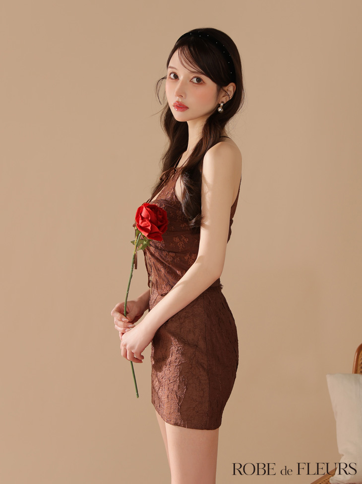 ROBE de FLEURS ローブドフルール 【XSサイズあり】ジャガードホルターリボンセットアップミニキャバドレス fm4201