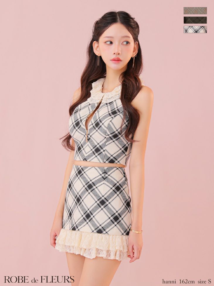 ROBE de FLEURS ローブドフルール 【XSサイズあり】レースチェックバストジップセットアップミニキャバドレス fm4222