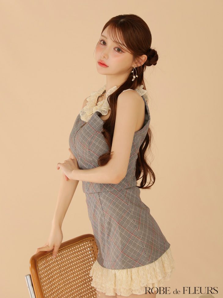 ROBE de FLEURS ローブドフルール 【XSサイズあり】レースチェックバストジップセットアップミニキャバドレス fm4222