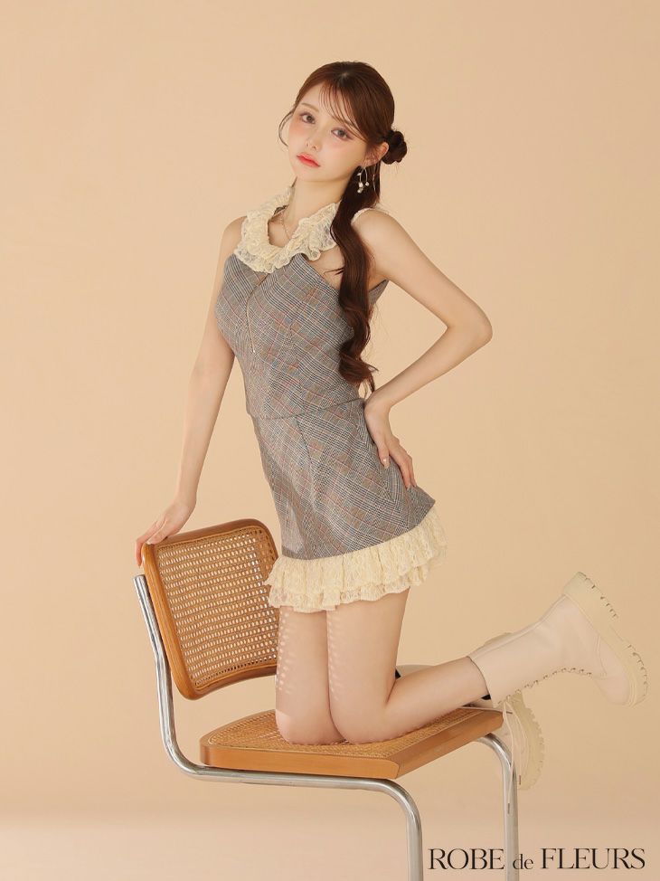 ROBE de FLEURS ローブドフルール 【XSサイズあり】レースチェックバストジップセットアップミニキャバドレス fm4222