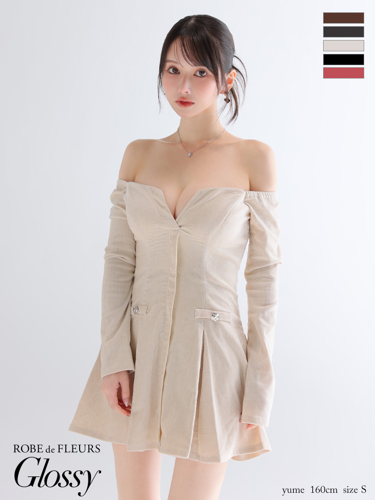 Glossy ローブドフルールグロッシー 【XS～Lサイズあり】オフショルロングスリーブラメニットフレアミニキャバドレス gl4123-c