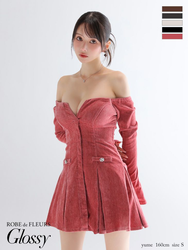 Glossy ローブドフルールグロッシー 【XS～Lサイズあり】オフショルロングスリーブラメニットフレアミニキャバドレス gl4123-c