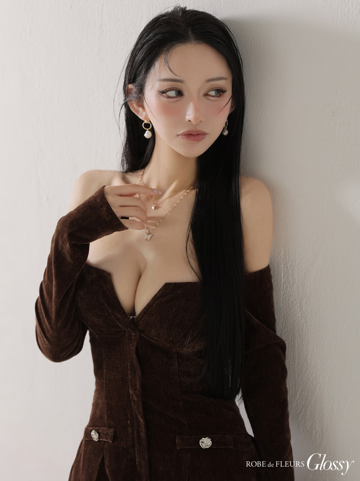 Glossy ローブドフルールグロッシー 【XS～Lサイズあり】オフショルロングスリーブラメニットフレアミニキャバドレス gl4123-c