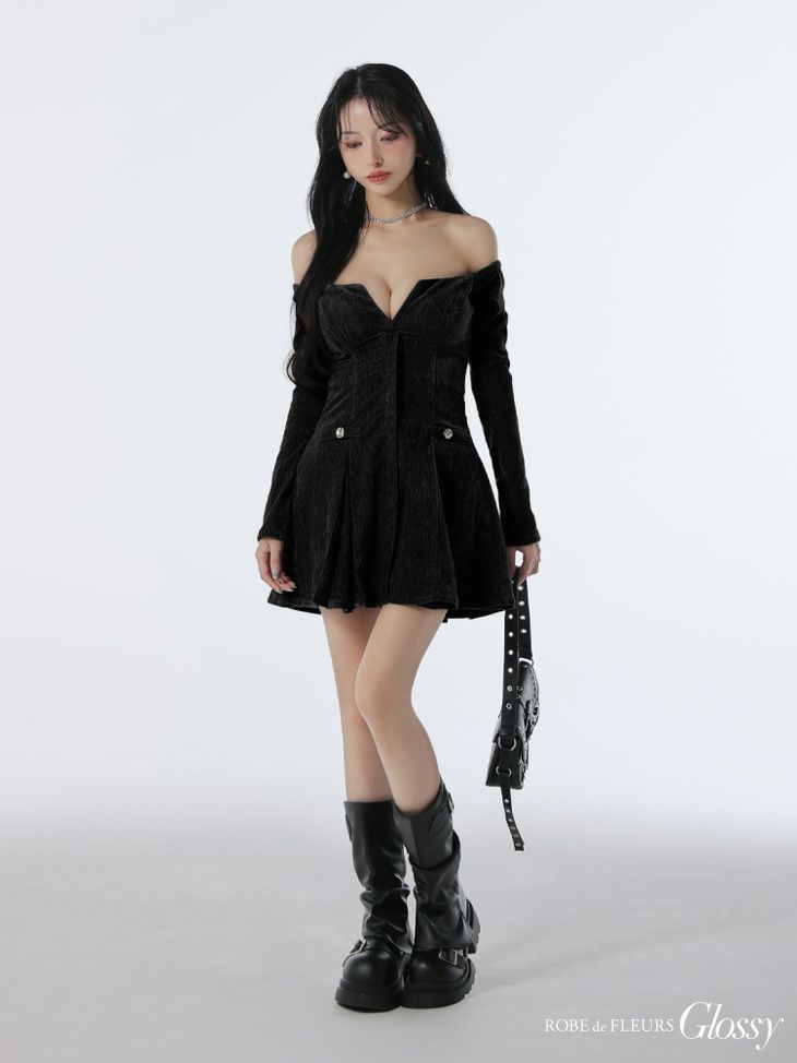 Glossy ローブドフルールグロッシー 【XS～Lサイズあり】オフショルロングスリーブラメニットフレアミニキャバドレス gl4123-c