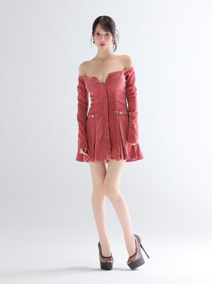 Glossy ローブドフルールグロッシー 【XS～Lサイズあり】オフショルロングスリーブラメニットフレアミニキャバドレス gl4123-c