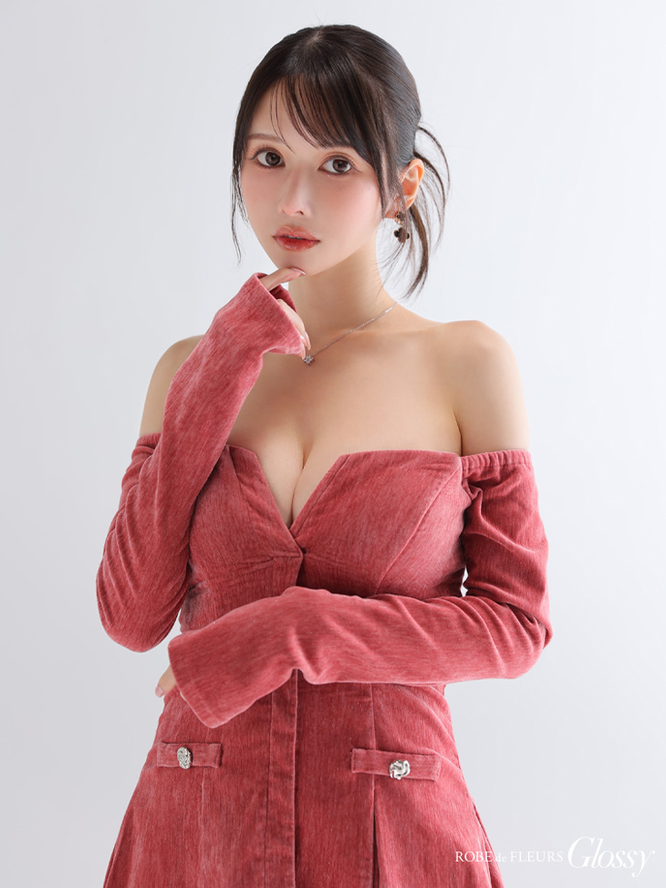 Glossy ローブドフルールグロッシー 【XS～Lサイズあり】オフショルロングスリーブラメニットフレアミニキャバドレス gl4123-c