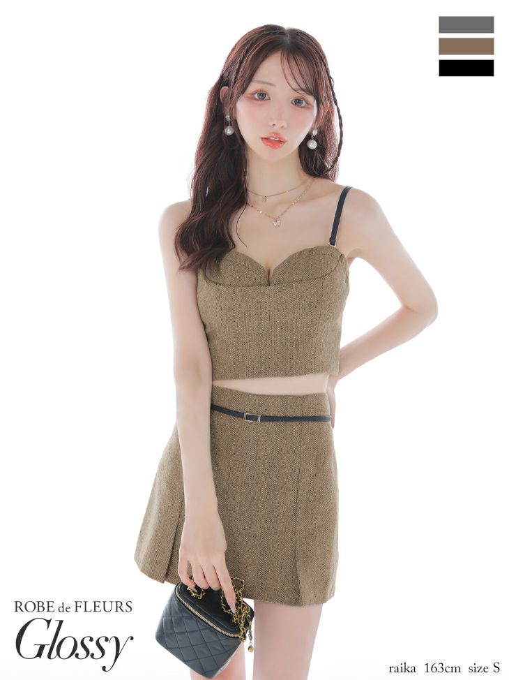 Glossy ローブドフルールグロッシー 【XSサイズあり】ヘリンボーンレザーベルトデザインセットアップミニキャバドレス gl4314-c