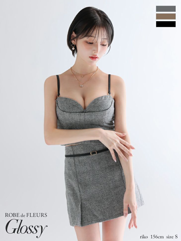 Glossy ローブドフルールグロッシー 【XSサイズあり】ヘリンボーンレザーベルトデザインセットアップミニキャバドレス gl4314-c