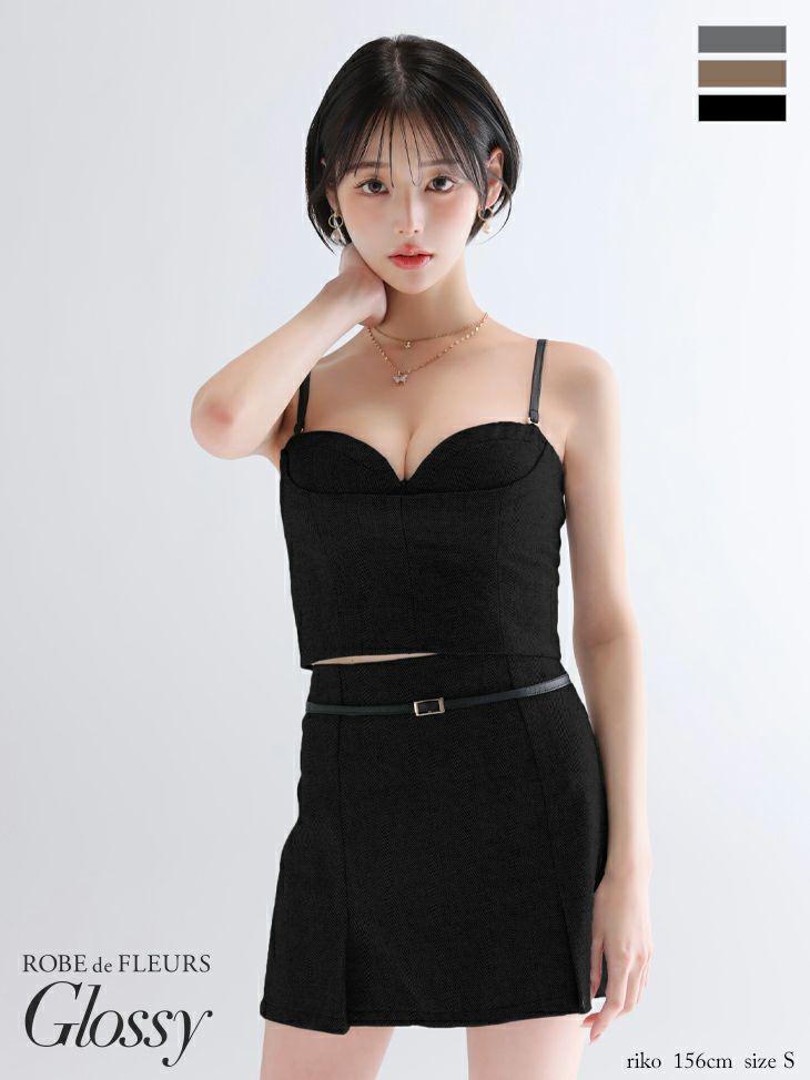 Glossy ローブドフルールグロッシー 【XSサイズあり】ヘリンボーンレザーベルトデザインセットアップミニキャバドレス gl4314-c