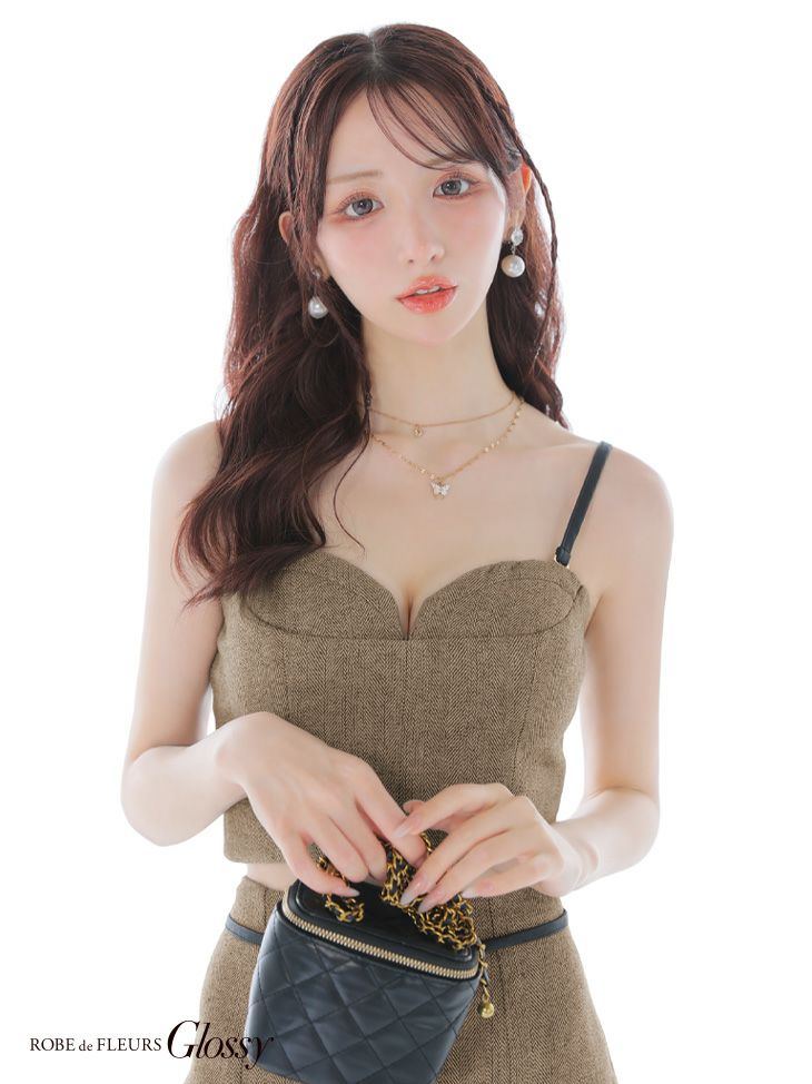 Glossy ローブドフルールグロッシー 【XSサイズあり】ヘリンボーンレザーベルトデザインセットアップミニキャバドレス gl4314-c