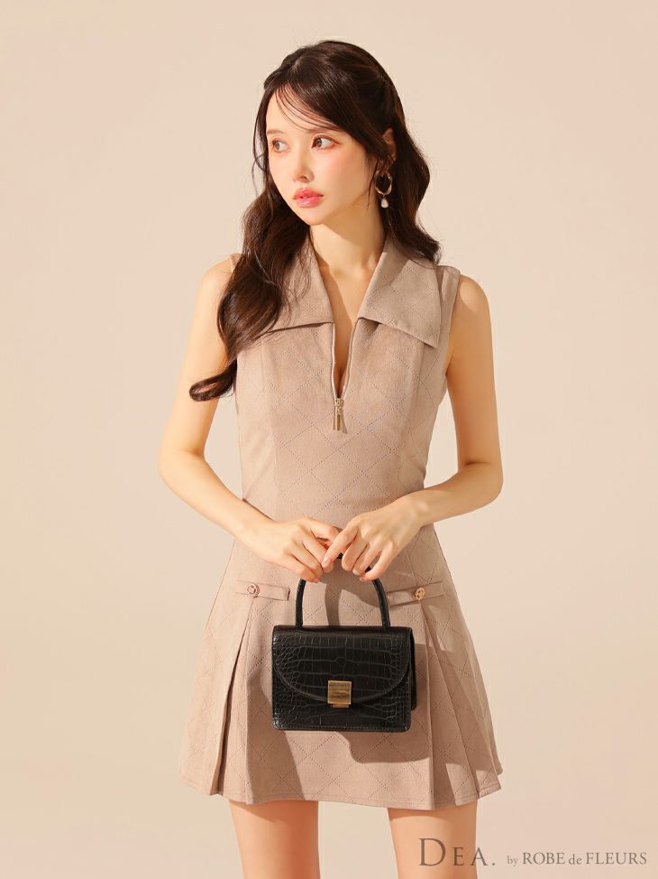 DEA. ディア バイ ローブドフルール 【XS～Lサイズあり】スエードジップカラーフレアミニキャバドレス de3458