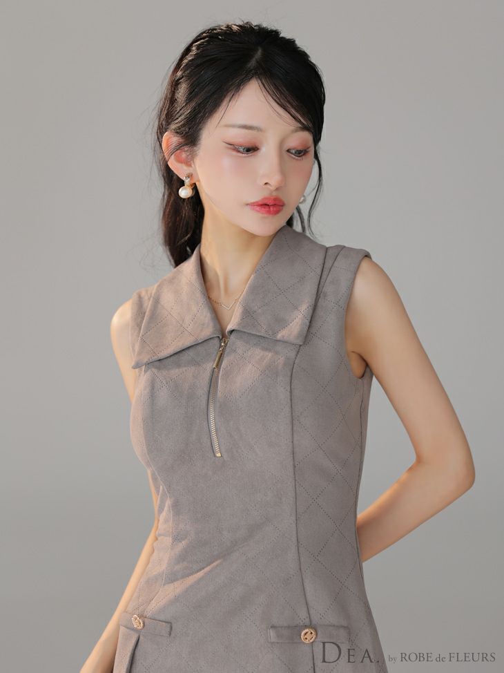 DEA. ディア バイ ローブドフルール 【XS～Lサイズあり】スエードジップカラーフレアミニキャバドレス de3458