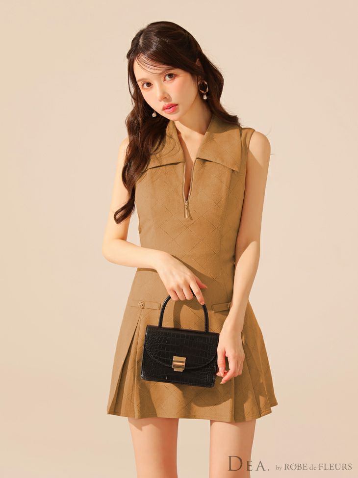 DEA. ディア バイ ローブドフルール 【XS～Lサイズあり】スエードジップカラーフレアミニキャバドレス de3458