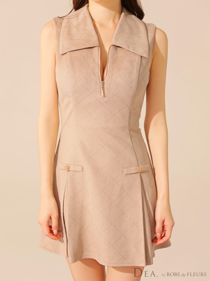 DEA. ディア バイ ローブドフルール 【XS～Lサイズあり】スエードジップカラーフレアミニキャバドレス de3458