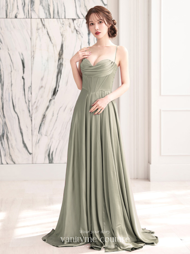 vanityME.couture. バニティミークチュール サテン バストドレープ コルセット ロングドレス バースデードレス セージグリーン vctr-l-7481-3