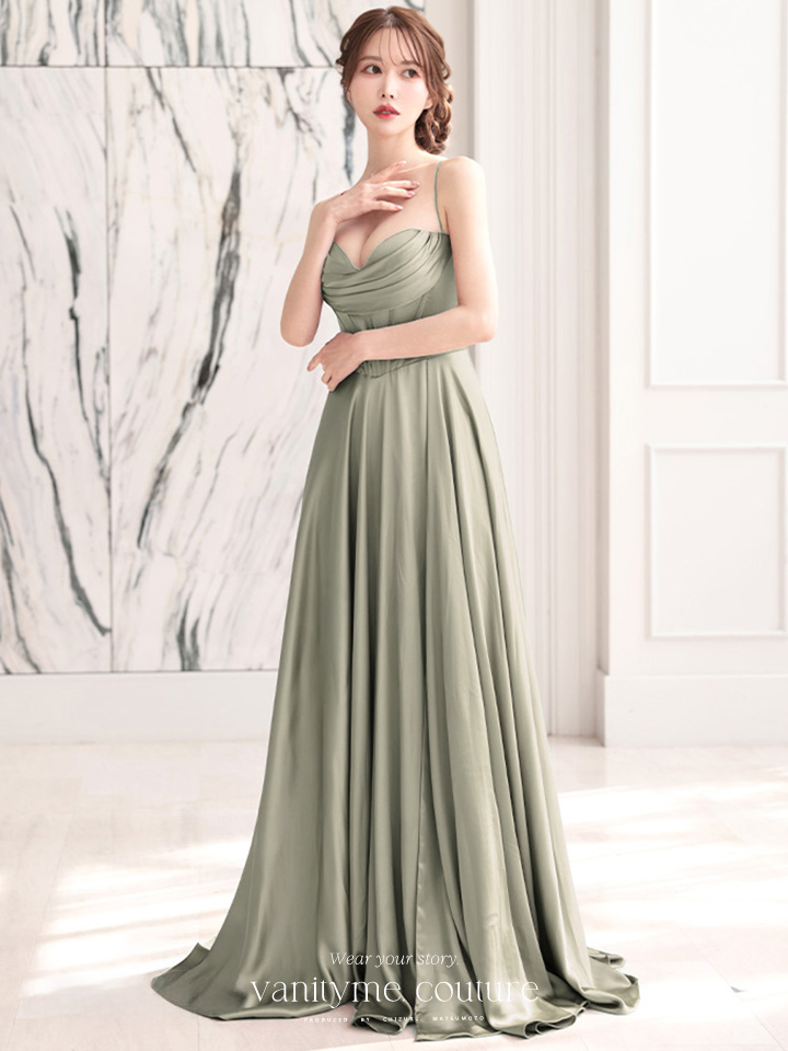 vanityME.couture. バニティミークチュール サテン バストドレープ コルセット ロングドレス バースデードレス セージグリーン vctr-l-7481-3