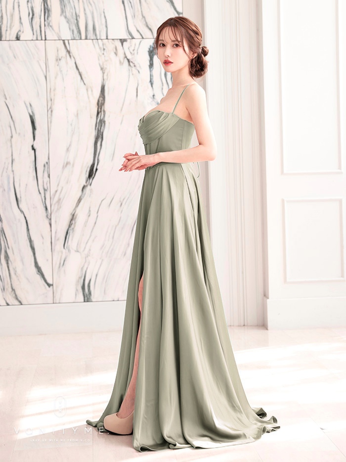 vanityME.couture. バニティミークチュール サテン バストドレープ コルセット ロングドレス バースデードレス セージグリーン vctr-l-7481-3