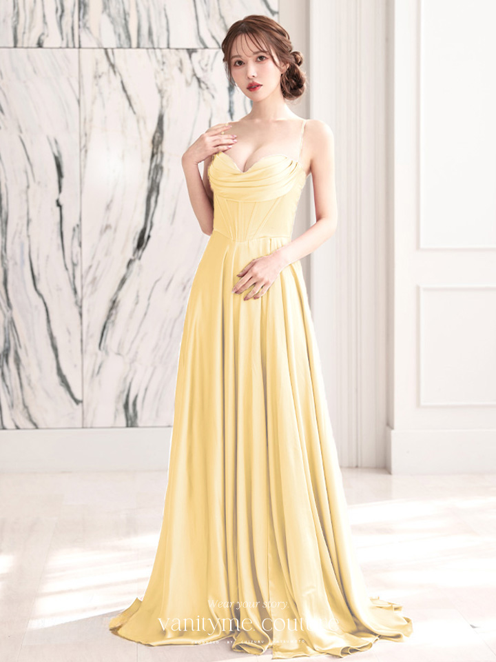vanityME.couture. バニティミークチュール サテン バストドレープ コルセット ロングドレス バースデードレス ライトイエロー vctr-l-7481-4