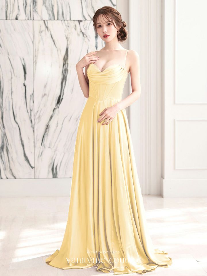 vanityME.couture. バニティミークチュール サテン バストドレープ コルセット ロングドレス バースデードレス ライトイエロー vctr-l-7481-4