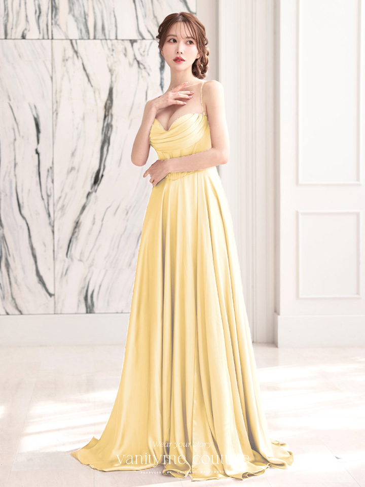vanityME.couture. バニティミークチュール サテン バストドレープ コルセット ロングドレス バースデードレス ライトイエロー vctr-l-7481-4