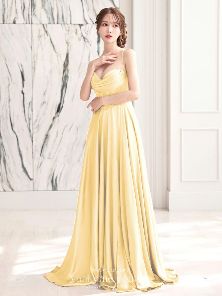 vanityME.couture. バニティミークチュール サテン バストドレープ コルセット ロングドレス バースデードレス ライトイエロー vctr-l-7481-4