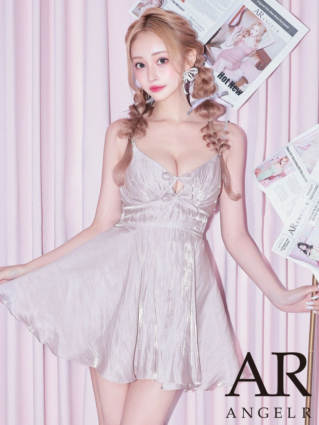 AngelR エンジェルアール ノースリーブVカットリボンビジューウエストマークマイクロミニフレアミニドレス ar25234