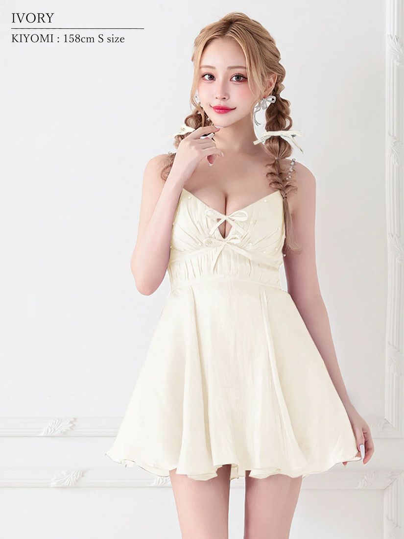 AngelR エンジェルアール ノースリーブVカットリボンビジューウエストマークマイクロミニフレアミニドレス ar25234