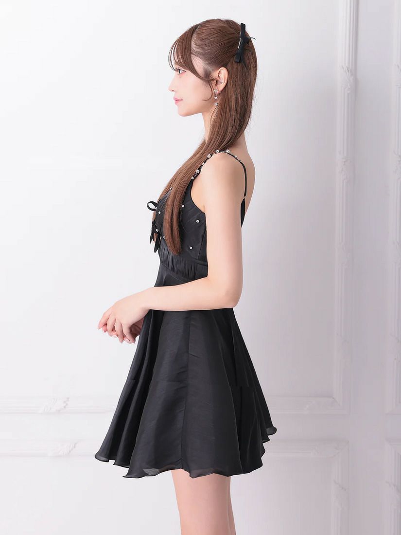 AngelR エンジェルアール ノースリーブVカットリボンビジューウエストマークマイクロミニフレアミニドレス ar25234