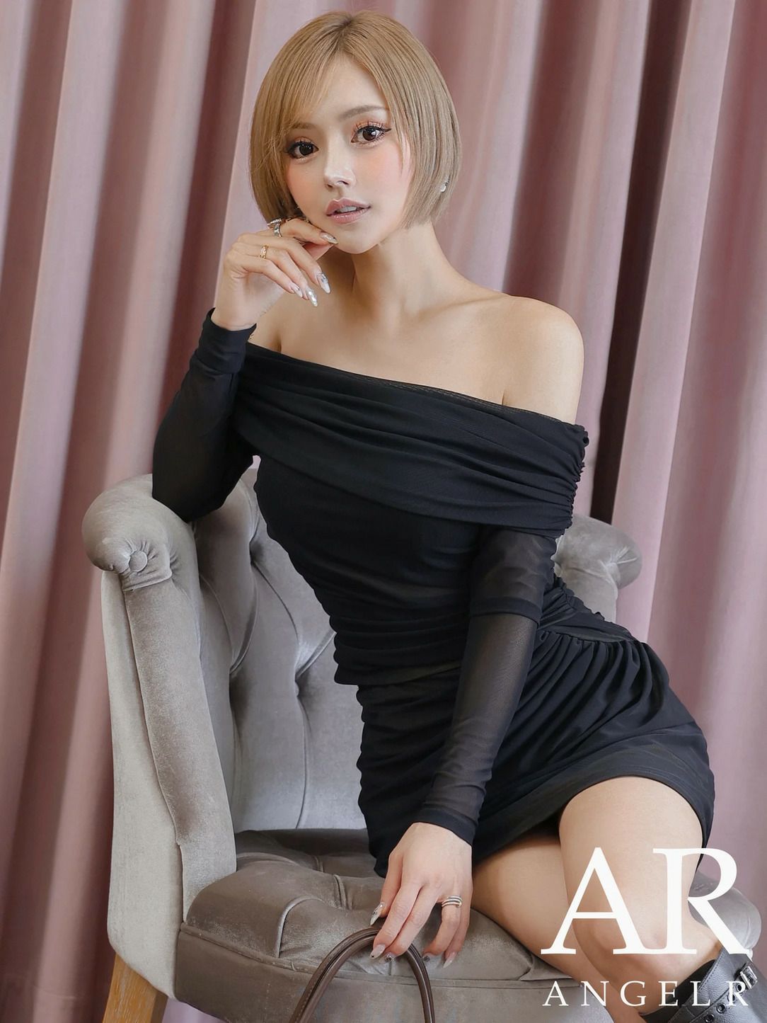 AngelR エンジェルアール ロングスリーブオフショルダーギャザーセパレートタイトミニドレス ar25851-ks