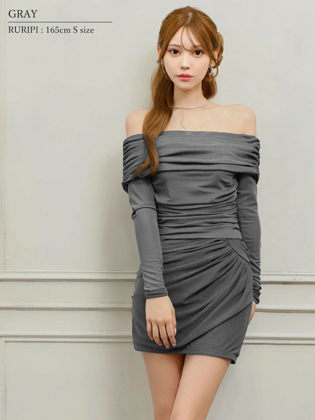 AngelR エンジェルアール ロングスリーブオフショルダーギャザーセパレートタイトミニドレス ar25851-ks