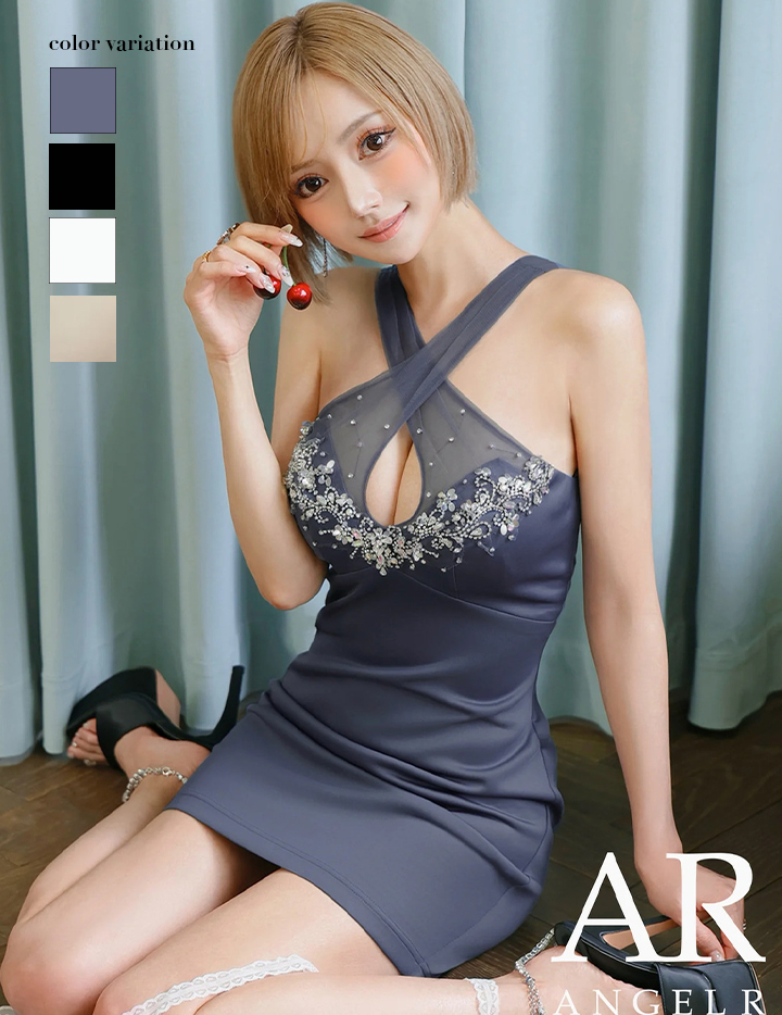 AngelR エンジェルアール クロスホルターネックシアービジューマイクロミニタイトミニドレス ar25339