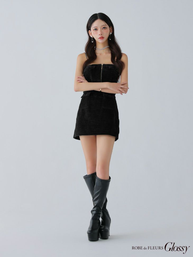 Glossy ローブドフルールグロッシー 【XSサイズあり】コーデュロイバストジップセットアップミニキャバドレス gl4309