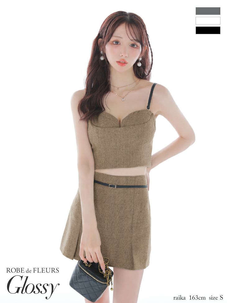 Glossy ローブドフルールグロッシー 【XSサイズあり】ヘリンボーンレザーベルトデザインセットアップミニキャバドレス gl4314