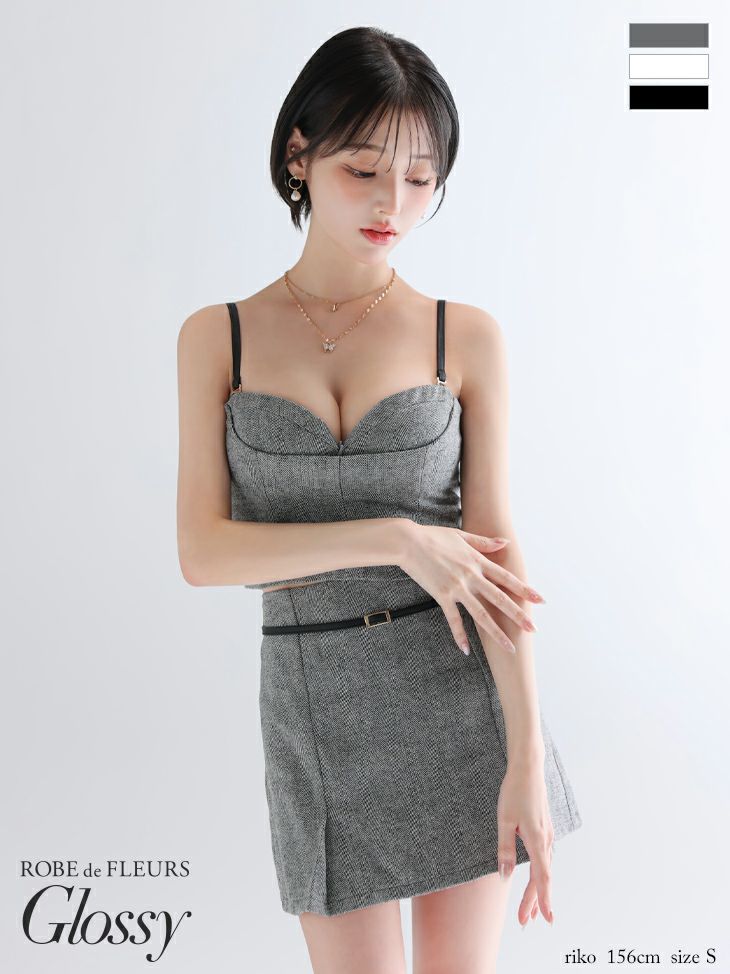 Glossy ローブドフルールグロッシー 【XSサイズあり】ヘリンボーンレザーベルトデザインセットアップミニキャバドレス gl4314