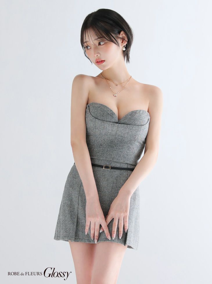 Glossy ローブドフルールグロッシー 【XSサイズあり】ヘリンボーンレザーベルトデザインセットアップミニキャバドレス gl4314