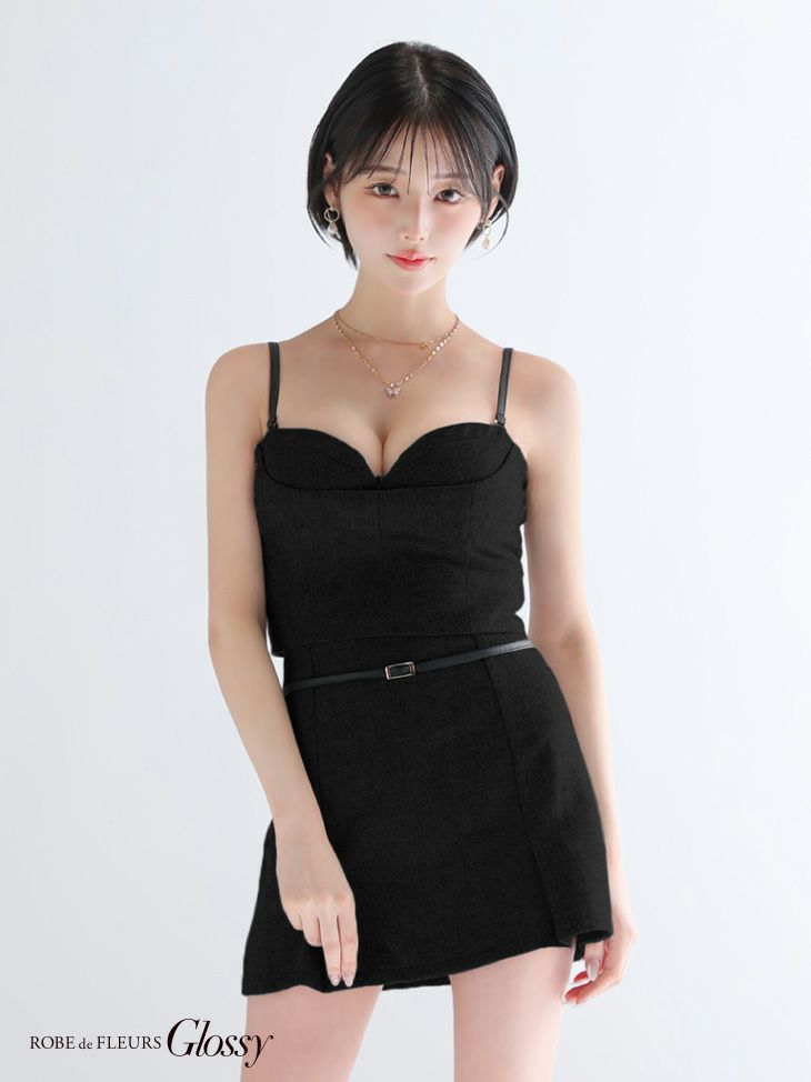 Glossy ローブドフルールグロッシー 【XSサイズあり】ヘリンボーンレザーベルトデザインセットアップミニキャバドレス gl4314