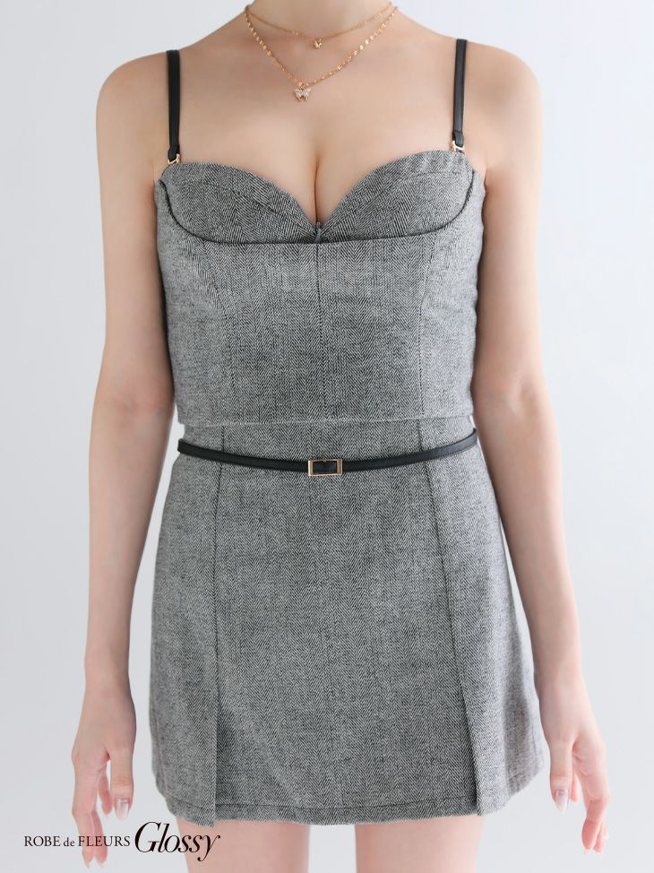Glossy ローブドフルールグロッシー 【XSサイズあり】ヘリンボーンレザーベルトデザインセットアップミニキャバドレス gl4314