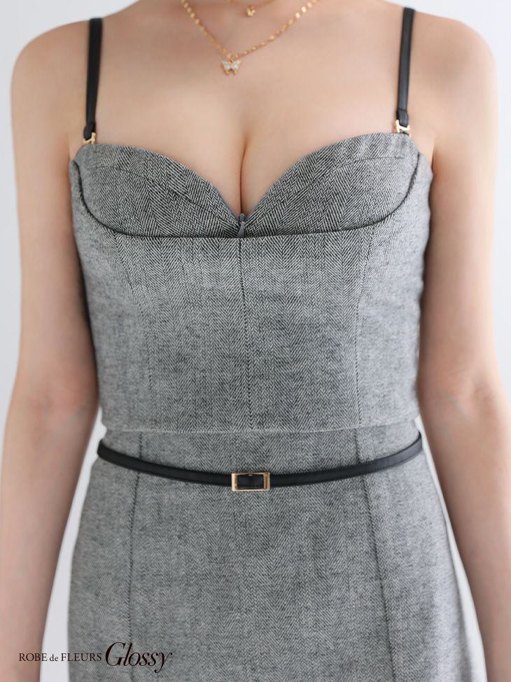 Glossy ローブドフルールグロッシー 【XSサイズあり】ヘリンボーンレザーベルトデザインセットアップミニキャバドレス gl4314