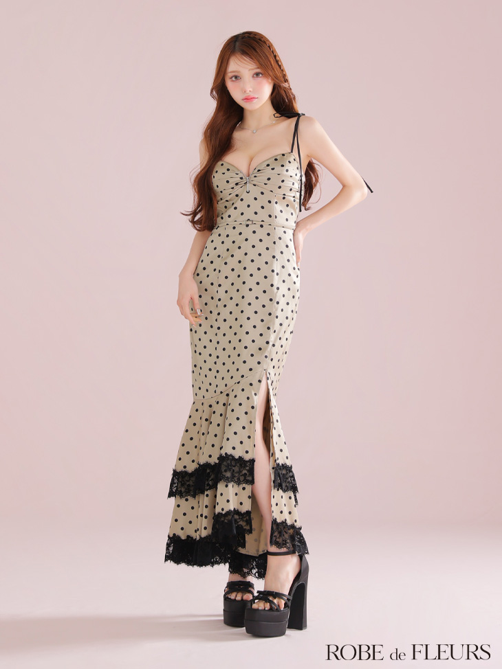 ROBE de FLEURS ローブドフルール 【XS～Lサイズあり】ドットサテンレースフリルマーメイドロングキャバドレス fm3299-c
