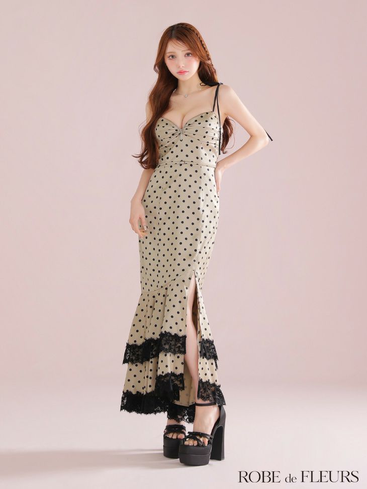 ROBE de FLEURS ローブドフルール 【XS～Lサイズあり】ドットサテンレースフリルマーメイドロングキャバドレス fm3299-c
