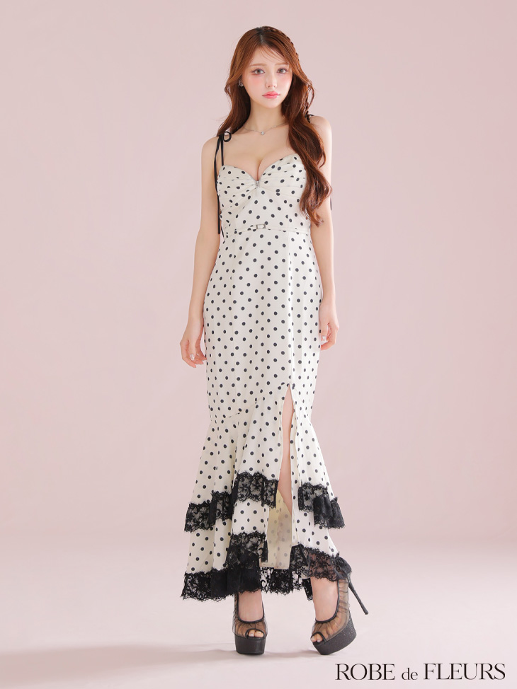 ROBE de FLEURS ローブドフルール 【XS～Lサイズあり】ドットサテンレースフリルマーメイドロングキャバドレス fm3299-c