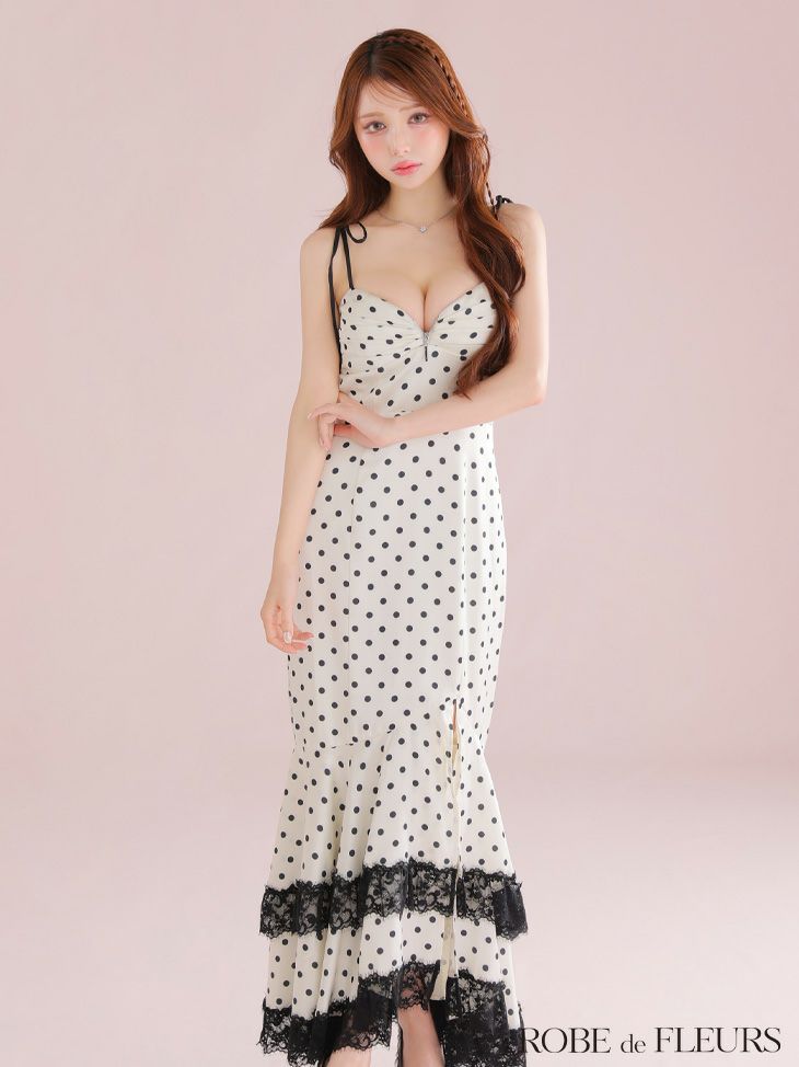 ROBE de FLEURS ローブドフルール 【XS～Lサイズあり】ドットサテンレースフリルマーメイドロングキャバドレス fm3299-cROBE de FLEURS ローブドフルール 【XS～Lサイズあり】ドットサテンレースフリルマーメイドロングキャバドレス fm3299-c