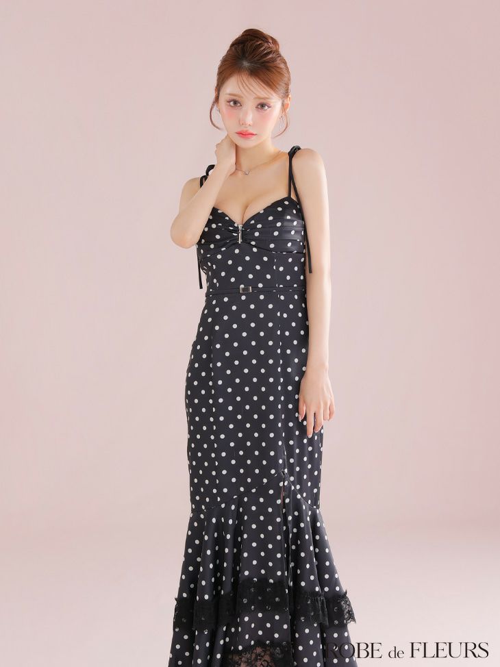 ROBE de FLEURS ローブドフルール 【XS～Lサイズあり】ドットサテンレースフリルマーメイドロングキャバドレス fm3299-c