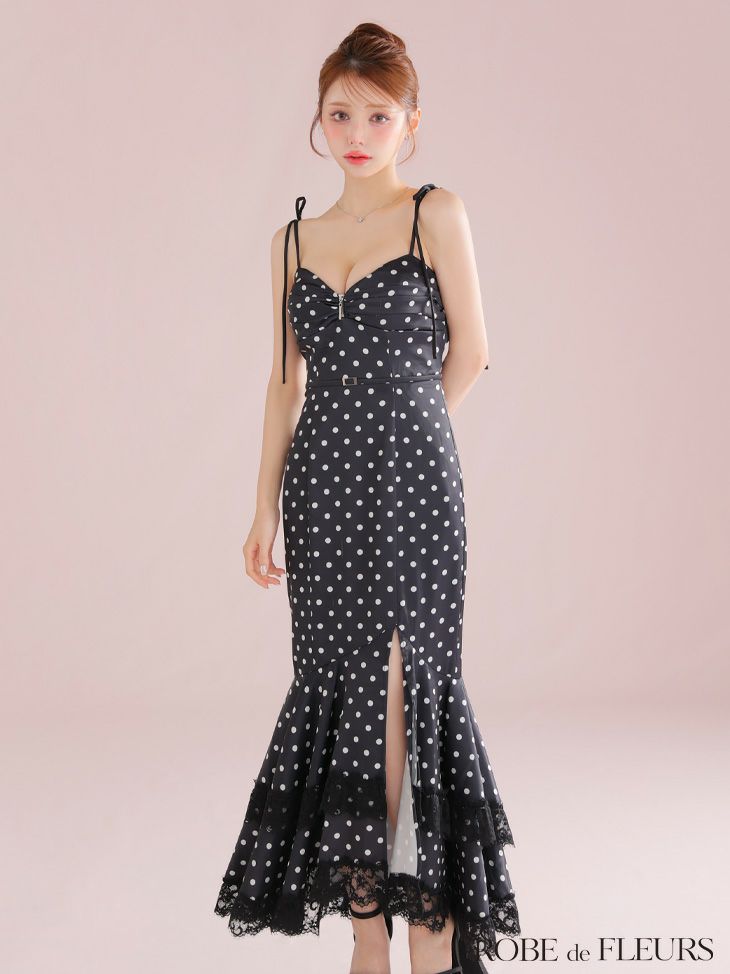 ROBE de FLEURS ローブドフルール 【XS～Lサイズあり】ドットサテンレースフリルマーメイドロングキャバドレス fm3299-c